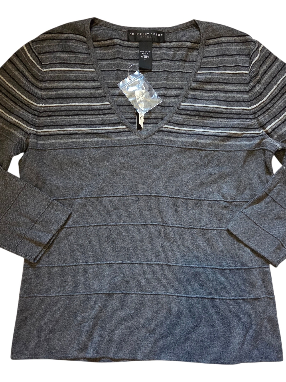 Geoffrey Beene Size L Charcoal Gray V-Neck Striped Knit Sweater Cotton NWT